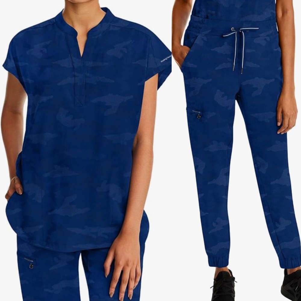 SET Healing Hands Blue Camouflage Scrub Set